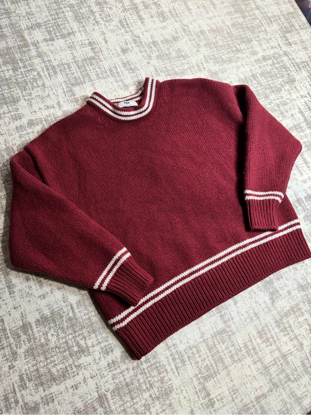 TNA Maroon Crewneck Sweater with White Stripe Trim sz XS 19.5 X18.5